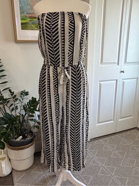 Ocean Tropics Rayon Strapless Jumpsuit Geometric Chevron Print Tassel Belt L‎